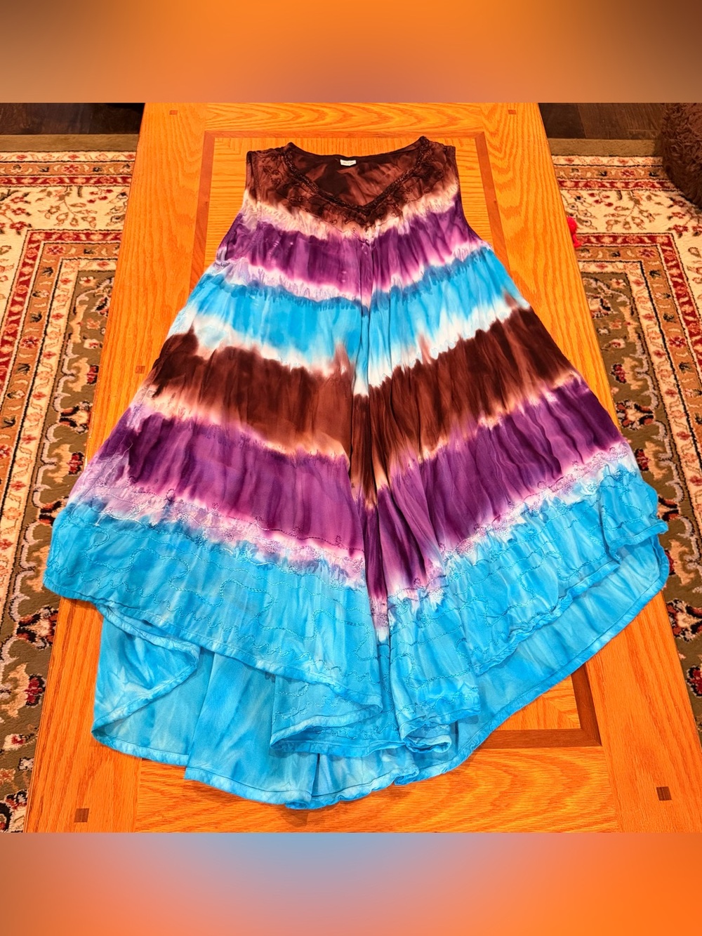 Boho Tie-Dye Sun Dress Blue, Purple and Brown